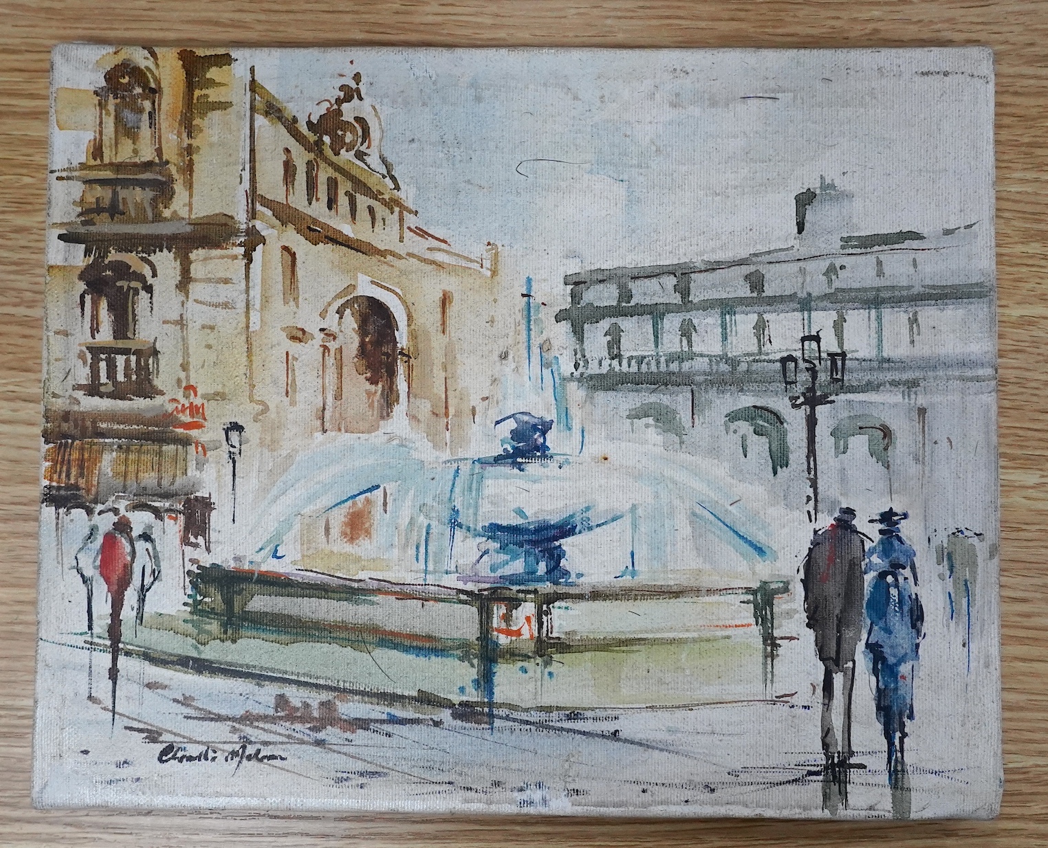 French School,oil on canvas, Street scene with water fountain and figures, indistinctly signed lower left, 24 x 30cm
